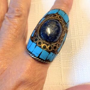 Large Tibetan turquoise and lapis unisex ring